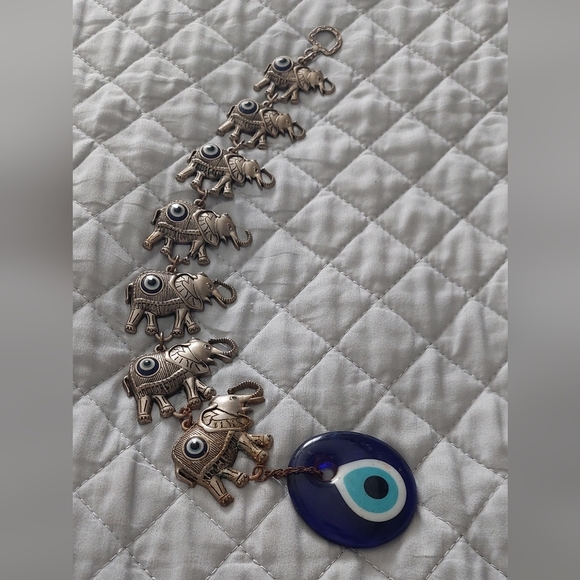 Amazing Evil Eye Religion Spirtiual Silver Hanging Decor w/ Elephants - Picture 1 of 6